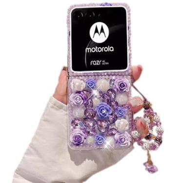Imagem de Compatível com Moto Razr 50 Ultra, Capa Moto Razr Plus 2024, Capa de luxo com flores de strass de cristal glitter diamante pérola com alça de flores para Moto Razr Plus para mulheres