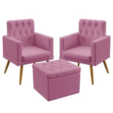 Imagem de 2 Poltronas Nina Estofada com Rodapé e Capitonê com Puff Quasar Sued R