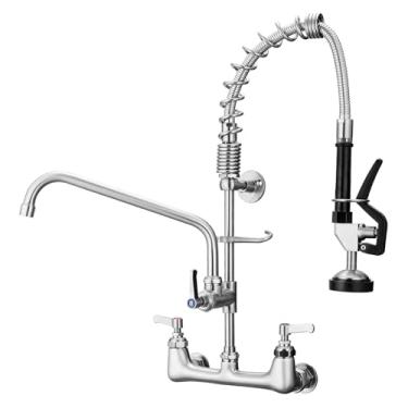 Imagem de BWE Torneira comercial com pulverizador 50,8 cm de altura torneira de pia de cozinha com pulverizador de pré-enxágue centro ajustável de 20 cm para restaurante níquel escovado industrial