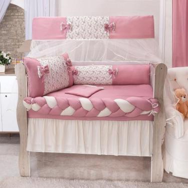 Imagem de Kit De Berço Floral Rosê Completo 09 Peças Com Trança e Laços Enxoval 