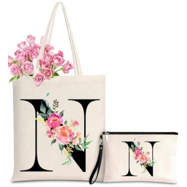Imagem de Sacola de lona inicial para mulheres, sacolas personalizadas com monograma com bolsa de presente de maquiagem para casamento, damas de honra, aniversário, Letter_n, One Size