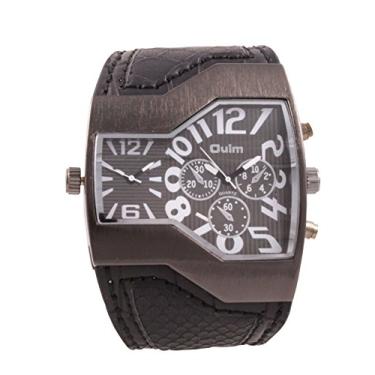 Imagem de ShoppeWatch Relógio masculino exclusivo, mostrador grande, mostrador duplo, pulseira de couro com movimento de quartzo | Relógio de rosto grande para homens | Relógio social grande | Preto OM-167,