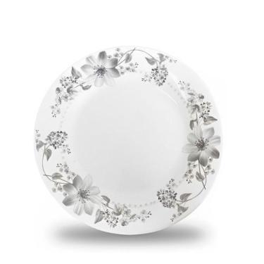 Imagem de Prato Raso de Vidro Branco Flores Cinza Flowers Grey 26cm Em Casa Tem 
