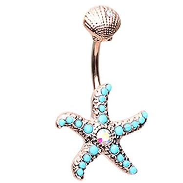 Imagem de Anel de Botão de Barriga Body Accentz Ouro Rosa Starfish Under The Sea Navel 14 Calibre 3/8" bar Praia Turtle Shells