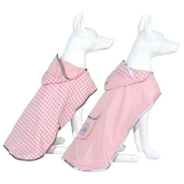 Imagem de MAMORE Capa de chuva para cães reversível, impermeável, capa de chuva para cães, poncho com capuz e faixa refletiva, jaqueta de chuva xadrez de camada dupla para cães pequenos, médios e grandes (rosa