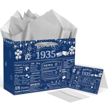 Imagem de SUNDECO Back in 1935 Conjunto de sacolas de presente para mulheres e homens azul prata 40º aniversário saco de presente com papel de seda e envelope de cartão vintage 1935 para decorações de 40 anos