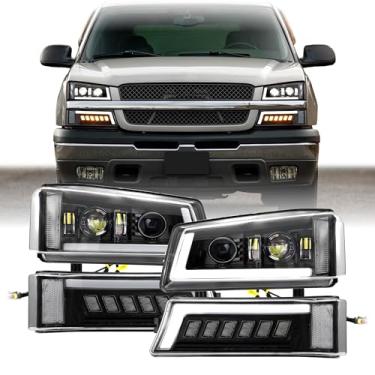 Imagem de USR 03-06 GMT800 Conjunto de 4 peças de lâmpadas dianteiras (esquerda + direita) compatível com caminhonete Chevy Silverado 2003-2006 (projetor preto farol de LED completo/seta/DRL/refletor