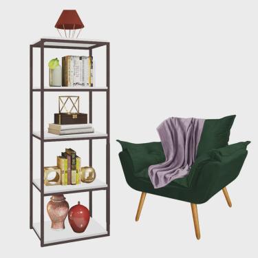 Imagem de Kit Poltrona Fatte com Manta Soft Lilás e Estante Livreiro Ferro Marrom mdf Branco Suede Verde Musgo - Ahazzo Móveis