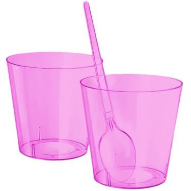 Imagem de Kit 100 Copo Copinho Potinho Cristal 50ml Acrílico Brigadeiro De Colher Doce Docinho Com Colheres (Rosa Claro)