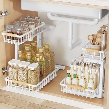 Imagem de IVTUVTI Organizadores de 2 camadas embaixo da pia, 2 pacotes de prateleiras de metal para cozinha, rack de armazenamento de pia removível, organizador multiuso sob a pia para armário embaixo da pia