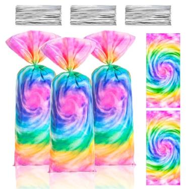 Imagem de Sacos de petisco tie dye, 100 peças tie dye flor festa celofane plástico presente biscoitos doces sacos com laços torcidos transparentes para casamento, aniversário, arte retrô 60s 70s tema hippie