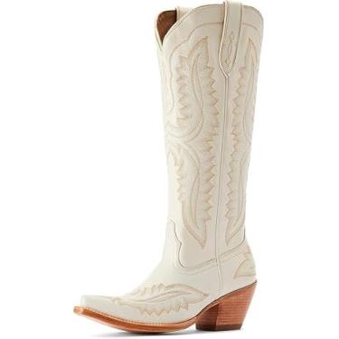 Imagem de furlinkhm Botas de cowboy ocidentais masculinas, botas de cowboy com bico quadrado ocidental, retrô, bordadas, casuais, salto grosso, botas de puxar na panturrilha larga, Branco, 43