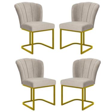 Imagem de Kit 4 Cadeira Poltrona Flor Pés Metal Dourado Mesa Jantar Cozinha Bege