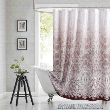 Imagem de BESTRIPES Cortina de chuveiro extralonga - design de renda Chantilly, poliéster pesado, ombre bordô a branco, 183 cm L x 213 cm A