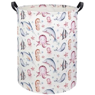 Imagem de HIYAGON Cesto de lavanderia para bebê, cesto de bebê, berçário, crianças, cesto de armazenamento de brinquedos fofos, organizador de caixa de armazenamento rosa, decoração de quarto para casa (oceano