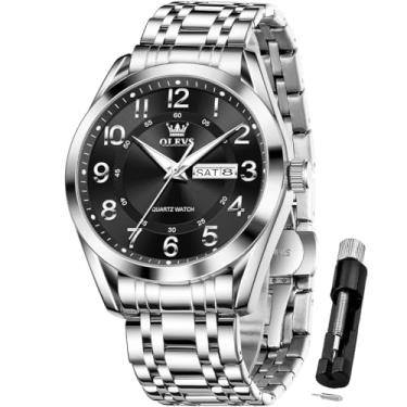 Imagem de OLEVS Relógios masculinos de negócios, numeração grande, fácil de ler, relógio de quartzo, aço inoxidável, à prova d'água, luminoso, data, casual, masculino, relógio masculino preto prateado, relógio
