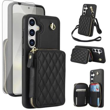 Imagem de Capa de celular para Samsung Galaxy S25 Plus S25+ 5G carteira celular com protetor de tela de vidro temperado alça transversal com bloqueio de RFID S25Plus 25S + S 25 25+ SM-S936U mulheres meninas