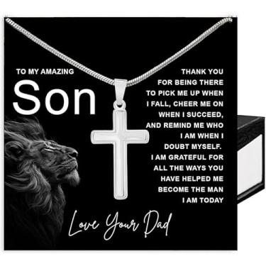Imagem de Colar de cruz para filho, To My Son de mãe e pai, presentes de Natal com cartão de mensagem e caixa, Aço inoxidável, Sem Pedra Preciosa
