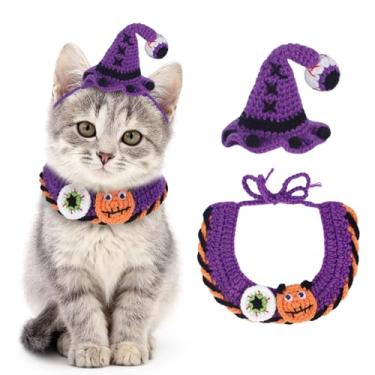 Imagem de Kunyeah Conjunto de fantasia de animal de estimação de Halloween para gatos pequenos chapéu de malha ajustável cachecol estampa de abóbora e bruxa babador fofo de crochê coleira de gato boné roupa