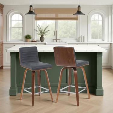 Imagem de Banqueta de barra giratória moderna Vienna com assento estofado preto vintage e moldura de madeira com acabamento de nogueira, conjunto de 2