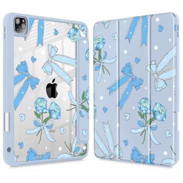 Imagem de Tuiklol Capa para iPad Pro 12,9 polegadas M2 2022 2021 2020 2018 geração 6ª/5ª/4ª/3ª geração, suporte de lápis embutido, capa protetora transparente transparente, laço e azul rosa