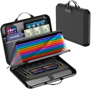 Imagem de AOTRUTII Caixa de documentos à prova de fogo com fechadura, organizador de arquivos rígido à prova d'água, estojo de armazenamento seguro portátil com 4 compartimentos para documentos, laptop