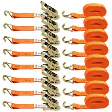 Imagem de SALUINOKI Cintas de catraca de 3,8 cm para serviço pesado, pacote com 8, 1-1/5.1 cm x 3.7 m, alça de amarração de carga dupla J gancho laranja 997.9 kg carga de trabalho para caminhões