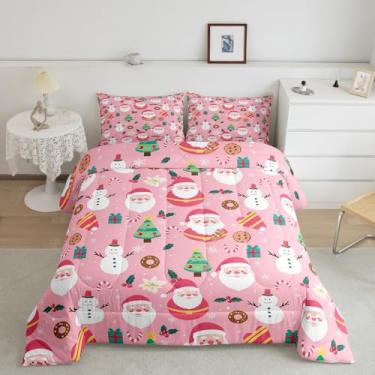 Imagem de Feelyou Conjunto de edredom de Papai Noel de Natal, fofo, boneco de neve, presente para crianças, meninos, meninas, árvore de Natal, floco de neve, doces, 1 fronha, rosa