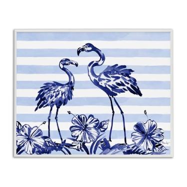 Imagem de Stupell Industries Arte giclée emoldurada branca com flamingos índigo sobre listras, design de Paul Brent, 61 x 76 cm