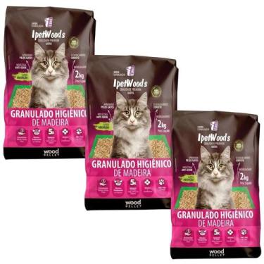 Imagem de Kit 3 Granulados de Madeira Ipetwoods 2kg Areia Higiênica para Gatos