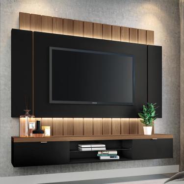 Imagem de Painel Home Suspenso 1.8 para TV até 55" com Fita LED MDP/MDF Shawn Preto/Castanho G26 - Gran Belo