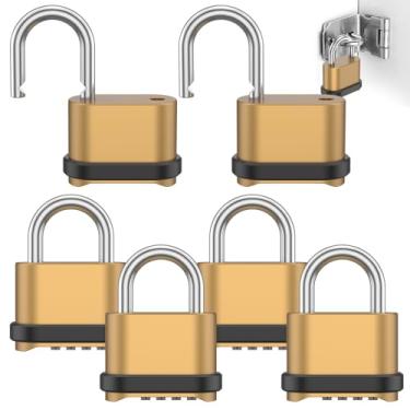 Imagem de Cadeado combinado, pacote com 6, 56 mm, 4 dígitos, cadeado de 7 mm, cadeado com senha, portão de liga de zinco, combo de bloqueio externo para academia, cerca, galpão, garagem, escola