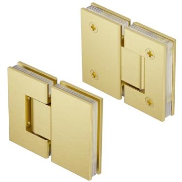Imagem de Ranbo Dobradiças de porta de chuveiro de vidro a vidro de 180°, estrutura de latão sólido resistente, ouro escovado, serve para painéis espessos de 8 a 12 mm, para chuveiros sem moldura. Pacote com 2