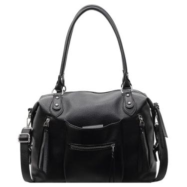 Imagem de Amszke Bolsa feminina de couro vegano, bolsa Hobo de grande capacidade com 2 tiras, bolsa tiracolo de ombro despojada, Preto, Large