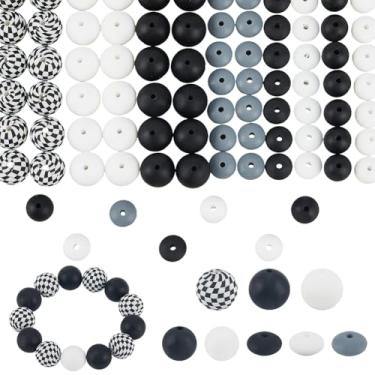 Imagem de SOFPLATE 100 peças, 8 estilos, chaveiro preto e branco, contas de silicone, Rondelle, lentilha, grade, tartan, bola redonda, 15 mm/12 mm, espaçadores para chaveiros, canetas, colares, joias