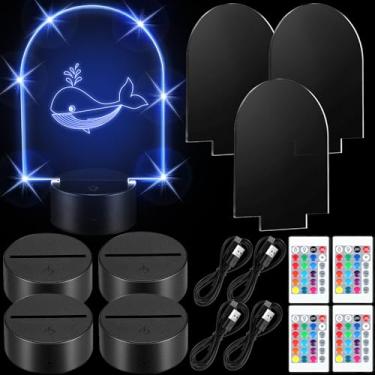 Imagem de 4 conjuntos de luz noturna 3D LED base de lâmpada com folhas de acrílico transparente, controles remotos e cabos de carregamento ajustáveis, 16 cores, 4 modos para bar de quarto de criança (estilo