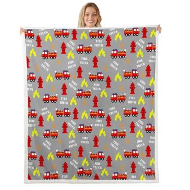 Imagem de Cobertor infantil de lã de carro de bombeiro para cama, sofá, bombeiros, motor, veículo, sherpa, cobertor de pelúcia com estampa de caminhão de bombeiros, cobertor de pelúcia para meninos e meninas,