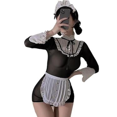 Imagem de ZYTC Traje de empregada malha de renda lago através do lago sexy fantasia plus size empregada francesa vestido chique cosplay fantasia sem meias