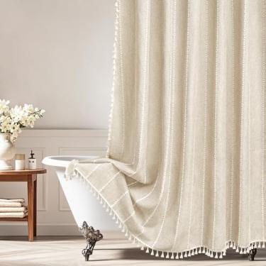 Imagem de Seenus Boho Farmhouse Cortina de chuveiro de linho com borlas, cortina de chuveiro de tecido macio pesado bege repelente de água, 182 x 182 cm, cortina de decoração de banheiro listrada creme sem