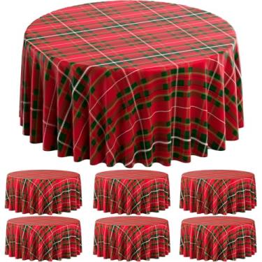 Imagem de 6 peças de toalha de mesa xadrez xadrez xadrez de Natal, decoração de mesa redonda de plástico vermelho e verde para Natal, inverno, férias, ano novo, artigos de festa, 213 cm