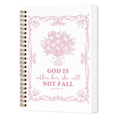 Imagem de nvucamd God Is Within Her She Will Not Fall Caderno espiral cristão rosa para mulheres e meninas, caderno de diário cristão, versículo bíblico, cadernos de diário de tulipas, rosa religioso, material