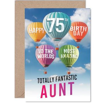 Imagem de Giftzie Cartão de aniversário Aunt 75th - Balão de ar quente mais incrível - Cartão de feliz aniversário para tia de 75 anos de idade do sobrinho sobrinho, balões A5 cartões comemorativos estrelas