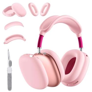 Imagem de TSKVT Capa de silicone para fones de ouvido AirPods Max, capa de fone de ouvido transparente e macia para AirPod Max, acessórios protetor antiarranhões para Apple AirPods Max (rosa, 4 em 1)