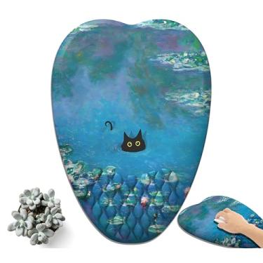 Imagem de Mouse pad de gato preto fofo design ergonômico em forma de coração para mesa de jogos com suporte de pulso azul anime lago lótus mousepads com descanso de pulso, tecido de seda de leite de qualidade e