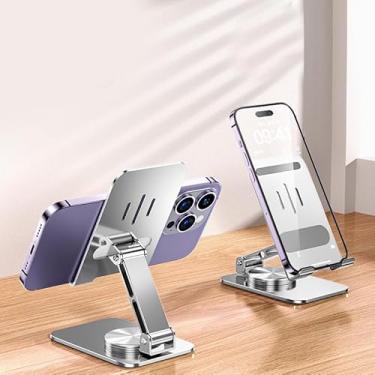 Imagem de Suporte para celular, suporte de mesa de metal compatível com todos os smartphones ou pad/tablet, suporte dobrável para telefone ajustável em 360°, suporte portátil prateado
