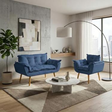 Imagem de Kit Namoradeira Decorativa e Poltrona Para Sala Recepção Manicure Consultório Escritório Alice Tecido Suede (Azul Marinho)