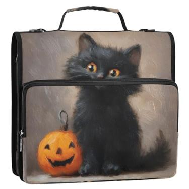 Imagem de CEBUGI Fichário de 3 anéis com zíper com alça de ombro, pasta de arquivo expansível de 3,8 cm, anéis D, para escola, escritório, gato preto