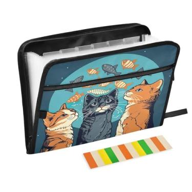 Imagem de Wassud Peixes e gatos 13 bolsos organizador de arquivos sanfonado pastas expansíveis com abas e adesivos, tamanho carta A4 papel recibo documento pasta organizador para viagem de escritório