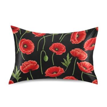 Imagem de Fronhas refrescantes fofas personalizadas padrão king queen almofadas chinelos cama cetim almofada decoração queen size 76.2 cm x 50.8 cm flores vermelhas preto