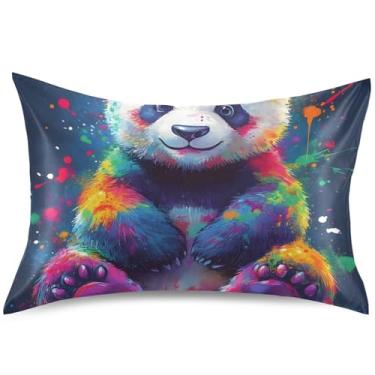 Imagem de Capas de almofada de cetim com estampa colorida de panda fofa para o cabelo, capas de travesseiro premium padrão Queen King, tamanho Queen, 76 cm x 50 cm